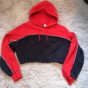 Red + navy blue cropped hoodie sweatshirt